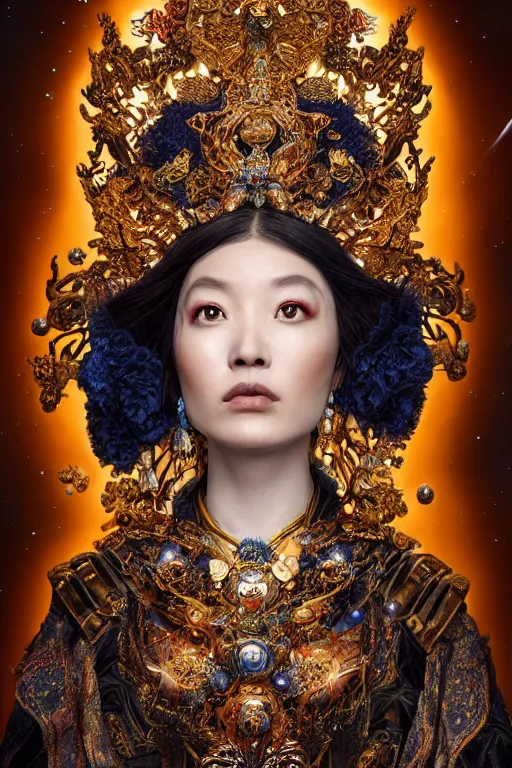 Image similar to a beautiful empress portrait, with a brilliant, impossible striking big cosmic galaxy headpiece, clothes entirely made out of cosmos chaos energy, symmetrical, dramatic studio lighting, rococo, baroque, jewels, asian, hyperrealism, closeup, D&D, fantasy, intricate, elegant, highly detailed, digital painting, artstation, octane render, 8k, concept art, matte, sharp focus, illustration, art by Artgerm and Greg Rutkowski and Alphonse Mucha