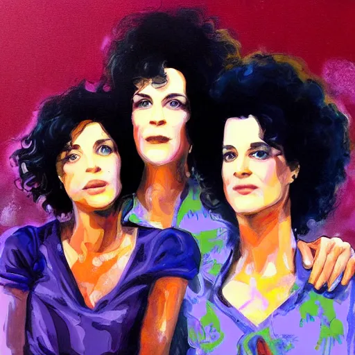 Image similar to a messy painting. Prince jealous of twin sisters Wendy and Susannah Melvoin. Nice use of colour. Trending on Artstation.