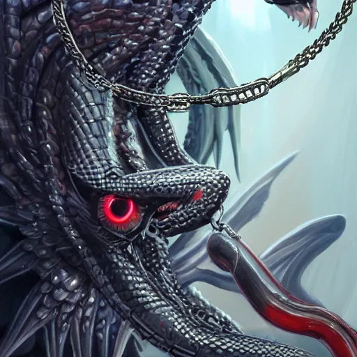 Image similar to hybrid snake, dark angel, demon, satan, red eyes, chain, handcuffs, large chain, wide open mouth, scream, cruelty, light effect, hyper detailed, intricate, elegant, highly detailed, digital painting, artstation, concept art, matte, sharp focus, illustration, by dan mumford, yusuke murata, makoto shinkai, ross tran