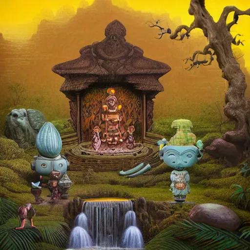 Image similar to wide angle dynamic portrait of a chibbi dogon priest in an african zen garden with a waterfall! and a golden ornate steampunk portal, amigurumi by mark ryden and todd schorr and mark davis and zdislaw beksinski in a surreal lowbrow style, digital paint, matte paint, vivid synthwave colors, breathtaking landscape