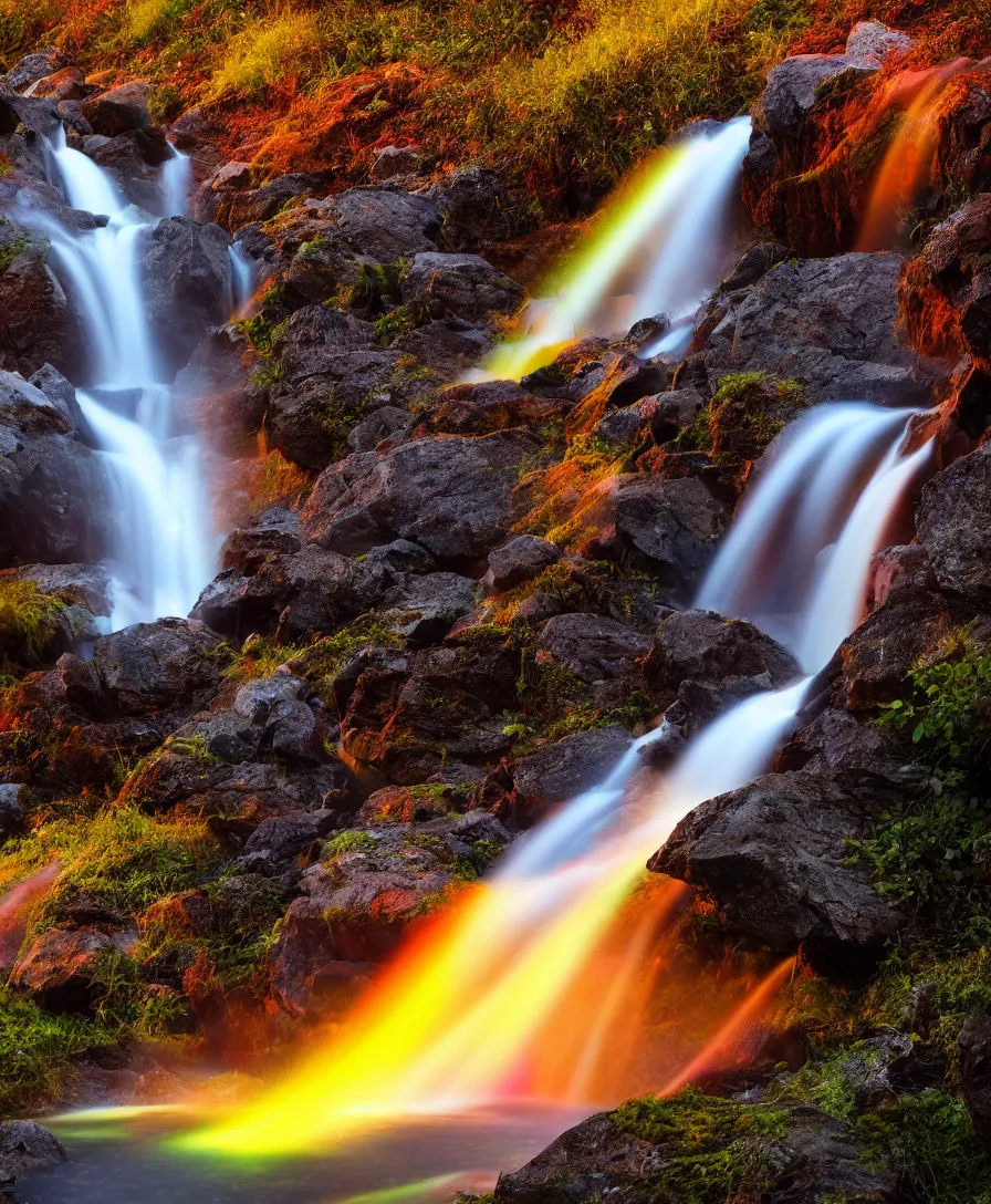 Image similar to a dslr hd picture of glowing colorful waterfall falling from mountains, at the time of sunset, highly detailed