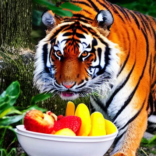 Prompt: Tiger calmly eating out of a bowl of fruit, award winning nature photo, bright summer day