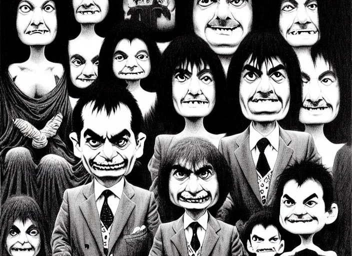 Image similar to black and white simple ms paint doodle of group portrait of anthropomorphic wide - angle group portrait of grey cute mr bean goblins looking funny, art by artgerm, bob eggleton, michael whelan, stephen hickman, richard corben, wayne barlowe, and greg rutkowski and alphonse mucha,