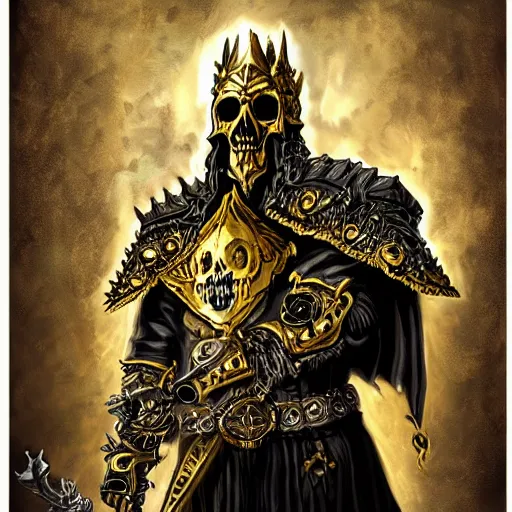 Image similar to lich king wearing black and gold armor with skulls and chains, holding a two handed sword with golden handle, wearing spiked crown helmet with skull mask concept art artstation