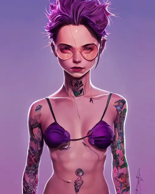 Image similar to beautiful famel purple hair tattoos symmetrical face eyes full body fantasy art icon, 3 d art gta 5 cover, official fanart behance hd artstation by jesper ejsing, by rhads, makoto shinkai and lois van baarle, ilya kuvshinov, rossdraws