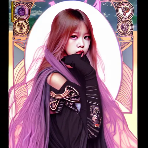 Image similar to lalisa manoban of blackpink, grim reaper costume, tarot card, highly detailed, digital painting, smooth, sharp focus, illustration, ultra realistic, 8 k, art by artgerm and alphonse mucha