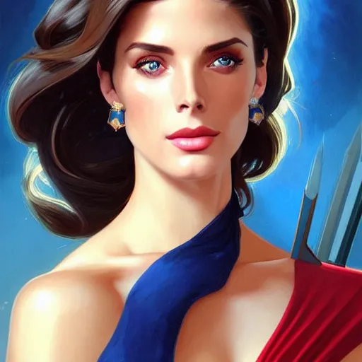 Image similar to Ashley Greene's face combined with Grace Kelly's face with short dark blue hair as She-Ra, western, D&D, fantasy, intricate, elegant, highly detailed, digital painting, artstation, concept art, matte, sharp focus, illustration, art by Artgerm and Greg Rutkowski and Alphonse Mucha