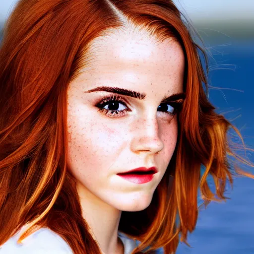 Image similar to close up portrait photo of emma watson, redhead freckles, 8 k, masterpiece, pinup, highly detailed, smooth, sharp focus