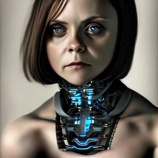 Image similar to fullbody, whole body, potrait of christina ricci as an cyborg, hyper realistic, digital painting. art station. mood lighting, highly detailed, concept art, intricate, sharp focus, by shaun berke - h 1 2 0 0