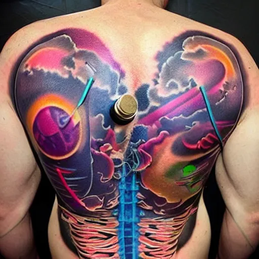 Prompt: backside on the shoulders is a tattoo of a 3 d hole in the skin with multicolored 3 d robotic mechanics and glowing spiral cable hose inside under the skin, insanely integrate,