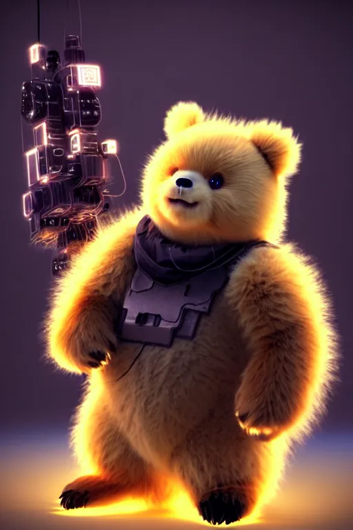 Prompt: high quality 3 d render very cute fluffy cyborg!! bear! plays electric viola, cyberpunk highly detailed, unreal engine cinematic smooth, in the style of blade runner & detective pikachu, hannah yata charlie immer, moody light, low angle, uhd 8 k, sharp focus