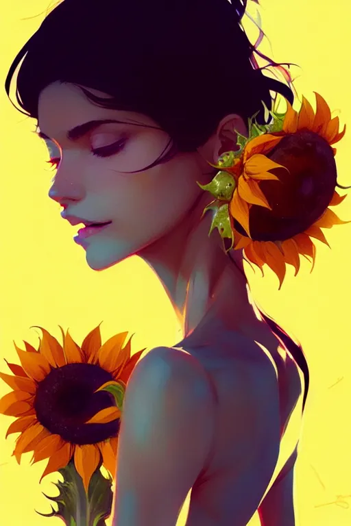 Image similar to a ultradetailed beautiful panting of a stylish woman holding a sunflower, by conrad roset, greg rutkowski and makoto shinkai, trending on artstation