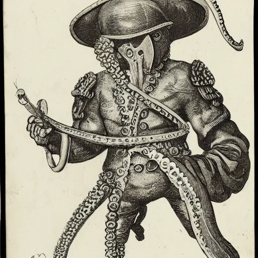 Image similar to A British colonial soldier with an octopus head, engraving, ink, black and white, 14th century