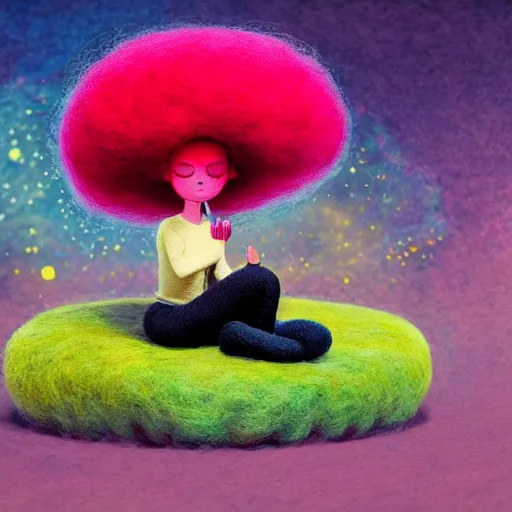 Prompt: a black girl with a colorful afro and big beautiful eyes meditating in a mushroom zen garden, bokeh, bright colors, synthwave, watercolor, volumetric wool felting, felt, macro photography, children illustration, by goro fujita