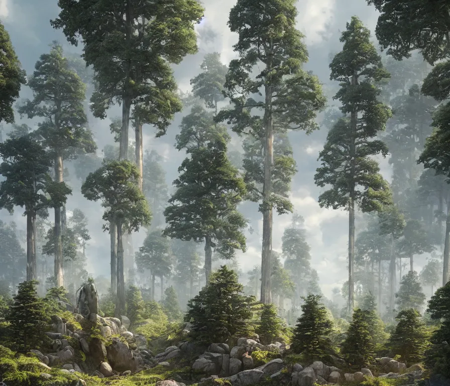 Image similar to a beautiful hyperrealistic detailed 3 d render of colossal golems guarding a wall of infinite pine trees, by roberto robert, anton otto fischer, atey ghailan, unreal engine, octane render, epic, 3 d, intricate, ultra wide, artstation, volumetric lighting, hdr, polished, micro details, ray tracing, 8 k