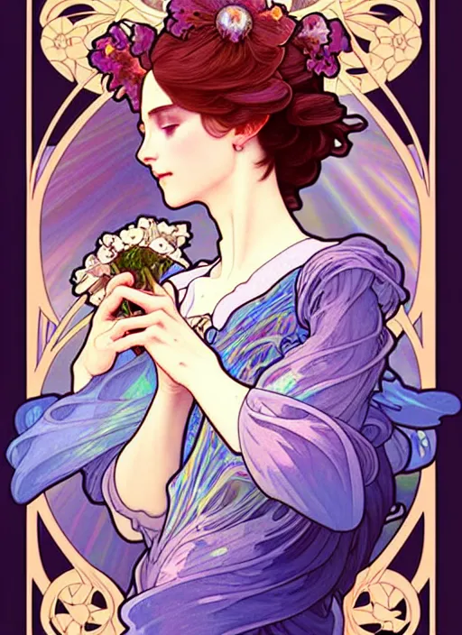 Image similar to sophie howl's moving castle, rococo and art nouveau fusion, iridescent diaphanous refractive and reflective flower bouquet, tarot card, highly detailed, deep focus, elegant, digital painting, smooth, sharp focus, illustration, ultra realistic, 8 k, art by artgerm and alphonse mucha