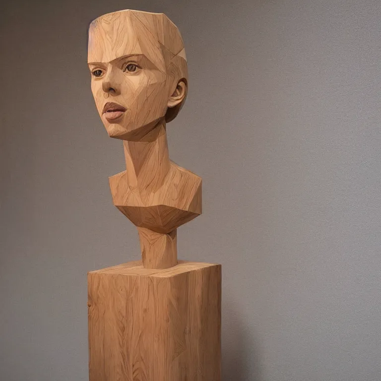 Prompt: 2 0 0 ft sculpture geometric minimalist!!! accurate portrait of scarlett johansson, beautiful symmetrical!! face accurate face detailed face realistic proportions, hand - carved out of red oak wood on a pedestal by stephan balkenhol and martin puryear, cinematic lighting shocking detail 8 k