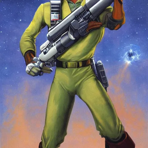 Image similar to a portrait of fox mccloud holding a blaster, suspenseful, heroic, anthropomorphic furry art, star fox, by jim burns, vincent di fate, and peter elson