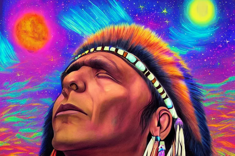 Image similar to digital art of a spiritual native american man looking up at the stars, acrylic art, universe, painting, pastel colors, synthwave, retro, cyberpunk,