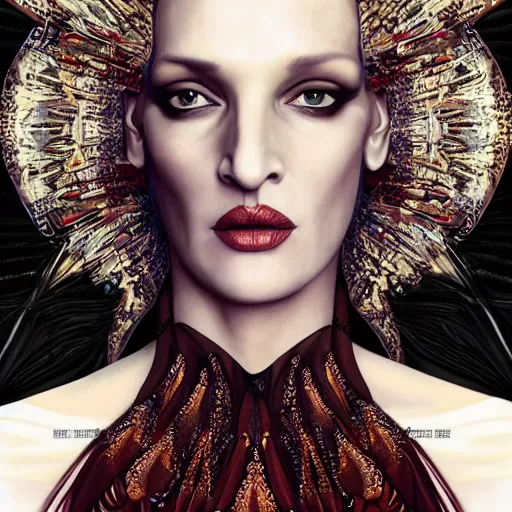 Image similar to Uma Thurman wearing epic haute couture by Alexander McQueen, extremely beautiful and proportionate face, in the aesthetic of mert and marcus, masterpiece, intricate, elegant wardrobe, highly detailed, digital painting, artstation, concept art, smooth, sharp focus, illustration, art by artgerm and james jean and greg rutkowski and alphonse mucha