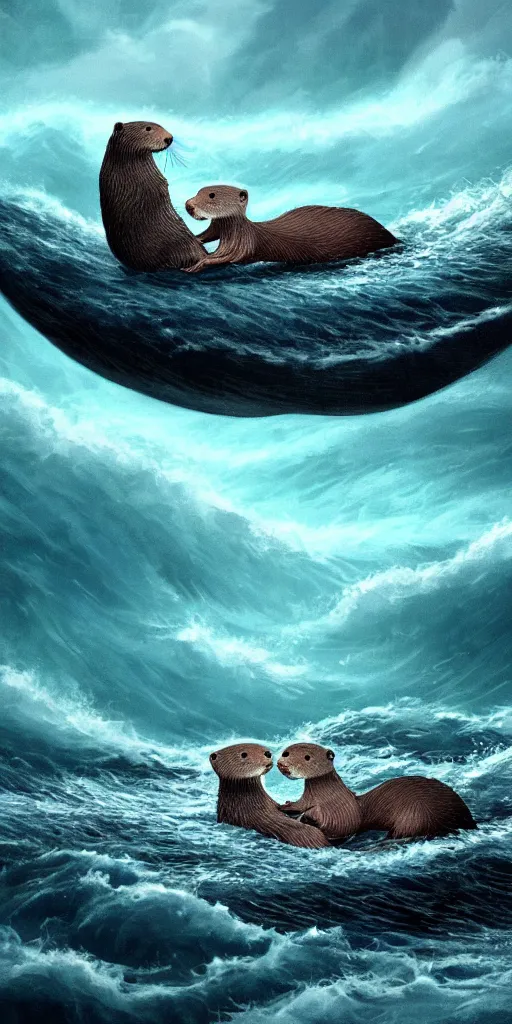 Image similar to An adorable otter saving his sleeping wife from the whirlpool, in love, holding hands side by side, in the middle of a super scary storm at sea, thunder, lightning, waves, fantasy illustration, cinematic, award winning, romantic, detailed trending on artstation, masterpiece