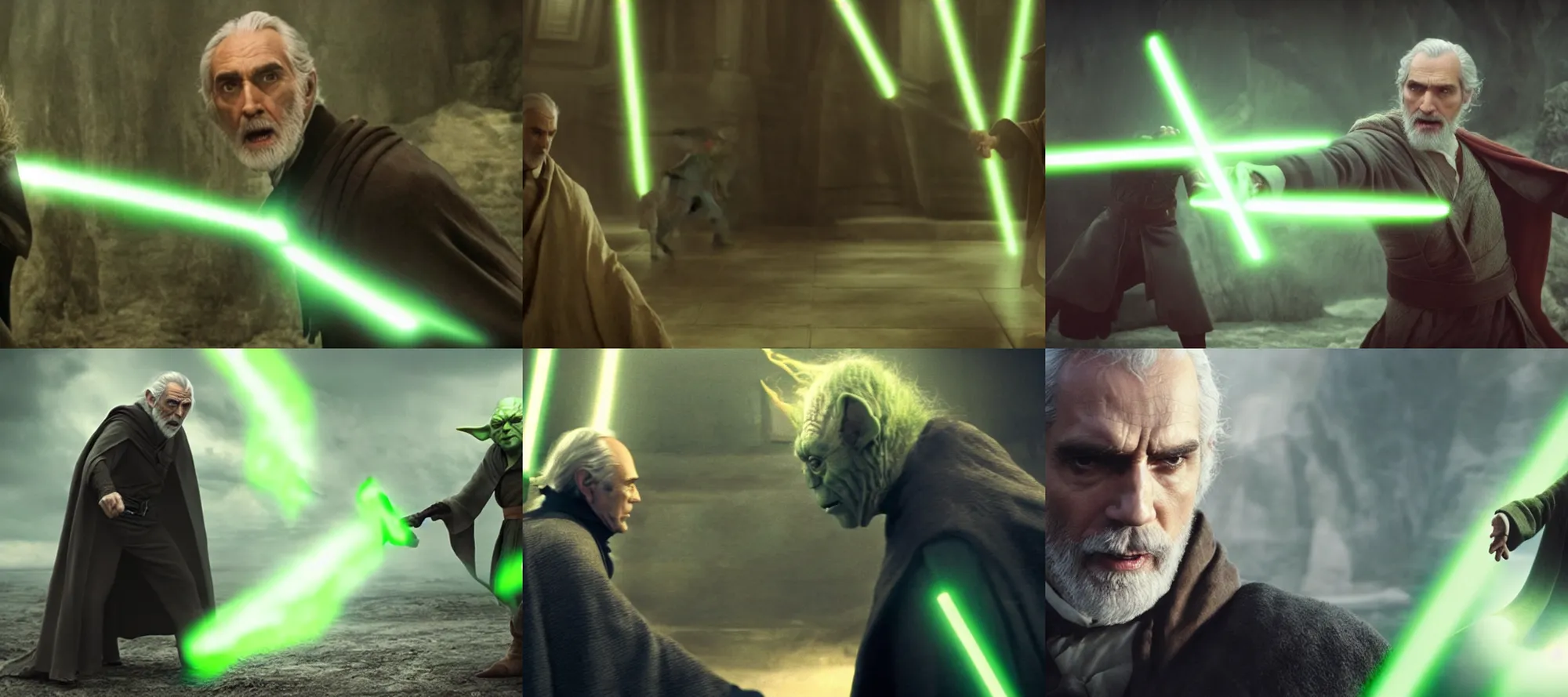 Prompt: Still of Henry Cavill as old Count Dooku fighting yoda, cinematic light, 4K