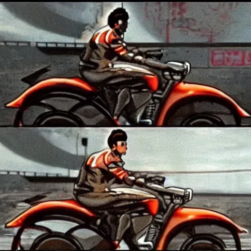 Image similar to a motor cycle chase. cinematic. scene from the movie Akira.