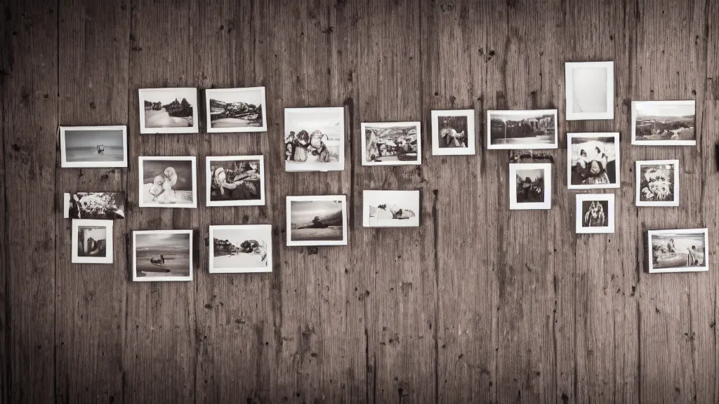 Prompt: pictures hanging on a wooden wall lit by the hard key light.