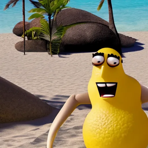Prompt: a muscular lemon cartoon character, is relaxing on a beach,, inspired by dalle - 2 ai generations