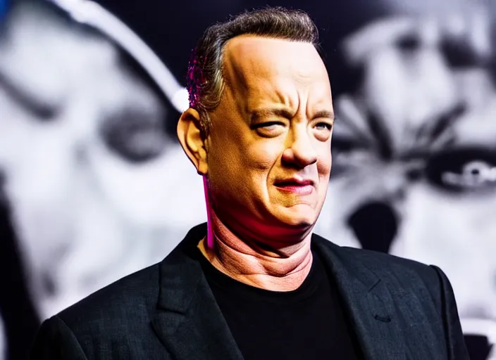 Image similar to publicity photo still of tom hanks on tour with limp bizkit playing live on stage, 8 k, live concert lighting, mid shot