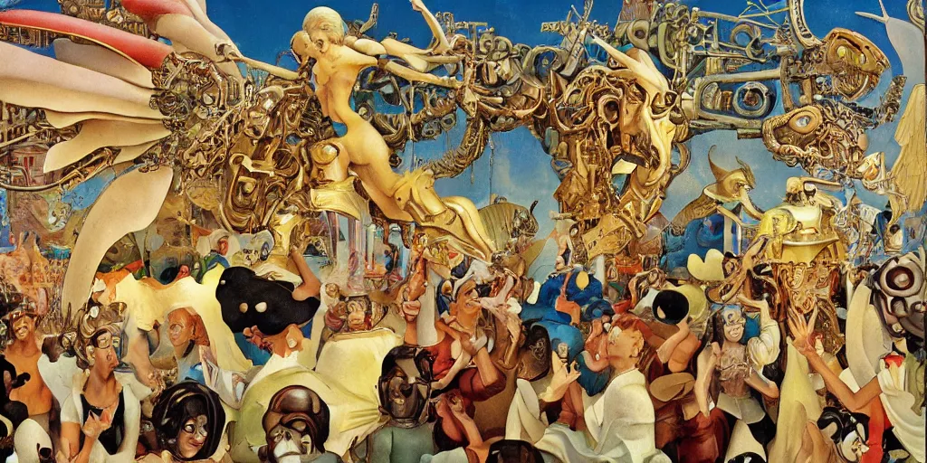 Prompt: mechanical angels descend from heaven in the middle of a small town during a carnival, surreal, quirky, highly detailed, colorful, dramatic, by boris vallejo, by winsor mccay, by richard corben, by hieronymus bosch - h 3 3 0