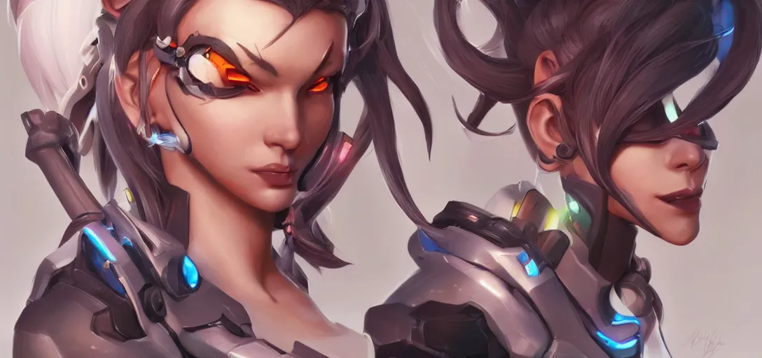 Image similar to concept art of female video game characters head designs, overwatch by marc brunet and artgerm