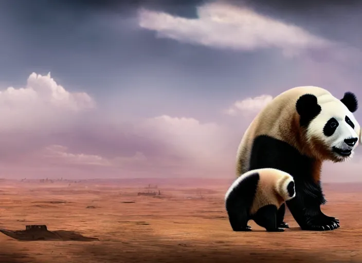 Prompt: film still of a barren wasteland filled with giant robot pandas, by rupam raaj r., trending on artstation