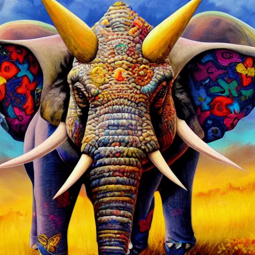 Prompt: hybrid animal cross between colorful triceratops and elephant detailed oil painting 4k