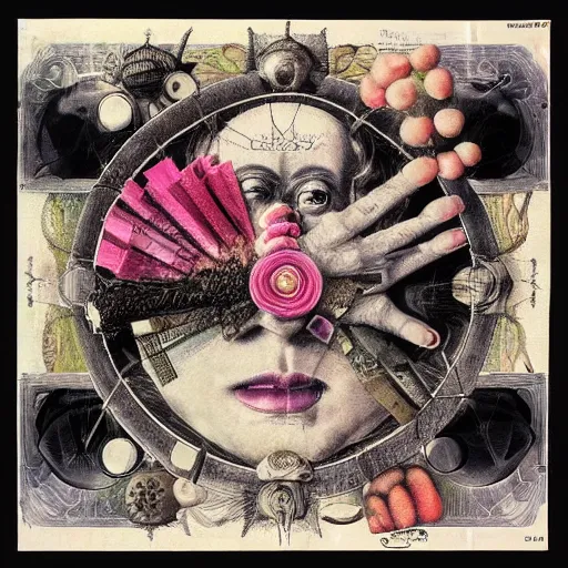 Image similar to post - punk new age album cover, asymmetrical design, frame of a dollar bank notes, capitalism, magic, apocalypse, psychedelic, black white pink, magic, giger h. r., giuseppe arcimboldo