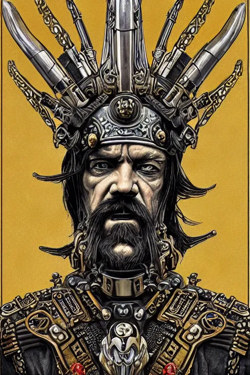 Prompt: a dramatic full-color art nouveau and ironpunk styled bust portrait of lemmy kilmister as a godlike and stoic alien king, with strong judging eyes, extremely detailed, art nouveau cybenetic engraved armor and intricately detailed angel-winged crown of cosmic power, perfectly symmetrical facial structure and framework, handsome yet brutal alien facial features of ancient swarth, by simon bisley, michael kaluta and travis charest, dark sci-fantasy, deeply ornate complexity, male face and bust, human anatomy mixed with cosmic alien and cyborg characteristics, sci-fi character concept, photorealism, art nouveau framing, stunning lighting, hyperrealism, 8k