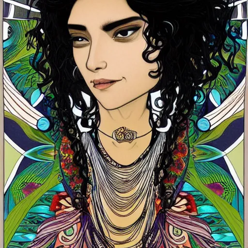 Image similar to Beautiful illustration of a Mexican woman of 40 years old, with curly black and silver hair, the woman has beautiful black eyes, her skin is light brown, she is dressed in shaman clothes, in the style of yoshitaka amano and alfons mucha