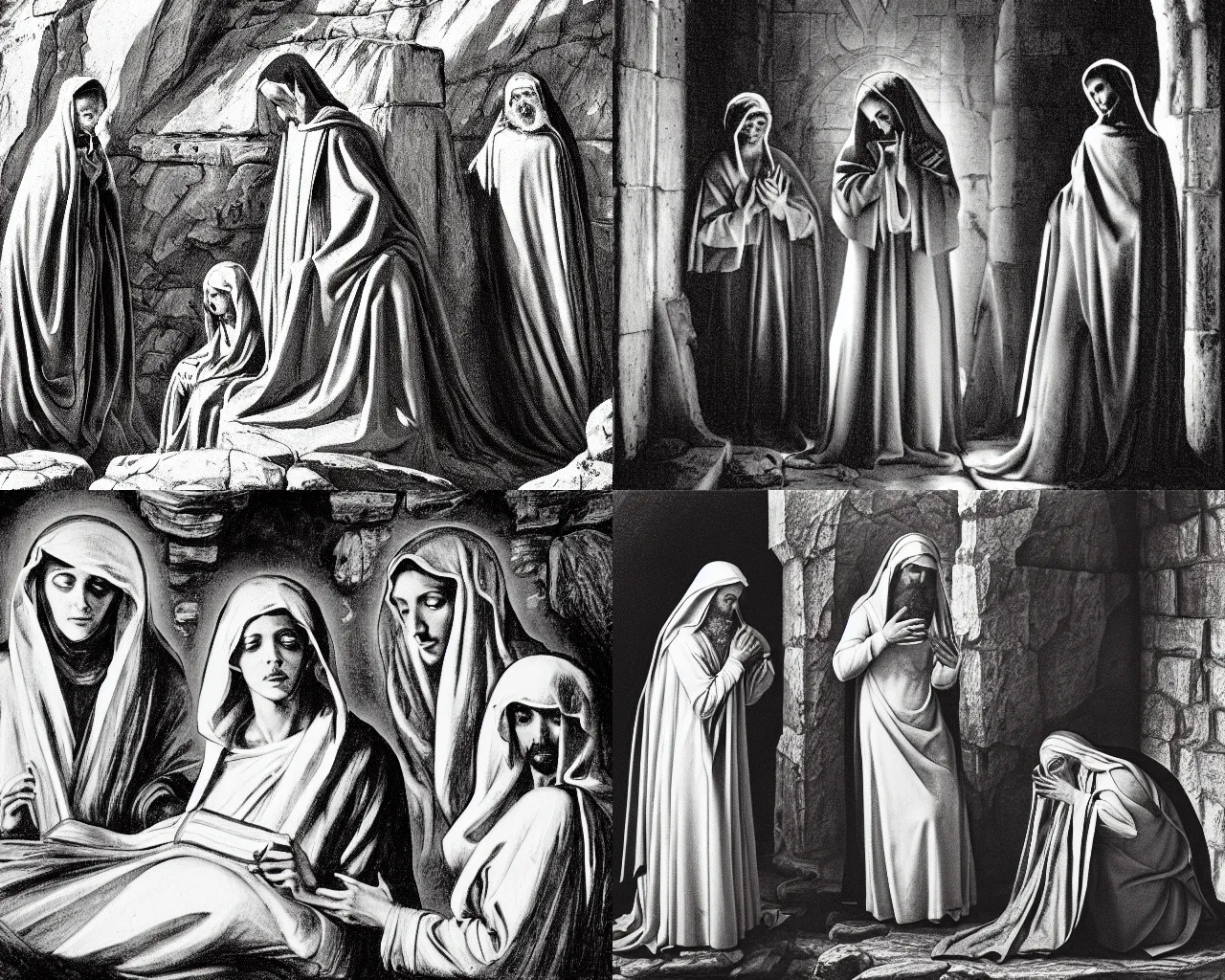 Prompt: photography of the three marys at the sepulchre, deep focus, biblical painting, illustration, art by ansel adams