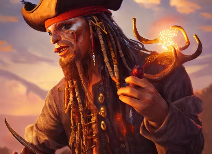 Image similar to a cool looking pirate eating magic mushroom, golden hour, fantasy, sharp focus, digital art, hyper realistic, 4 k, unreal engine, highly detailed, hd, dramatic lighting by brom, trending on artstation