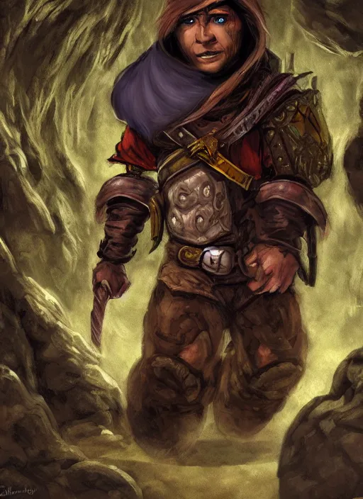 Image similar to A fantasy comic book roleplaying game style portrait painting of a halfling rogue sneaking in a cavern, DAZ, hyperrealistic, ambient light, dynamic light