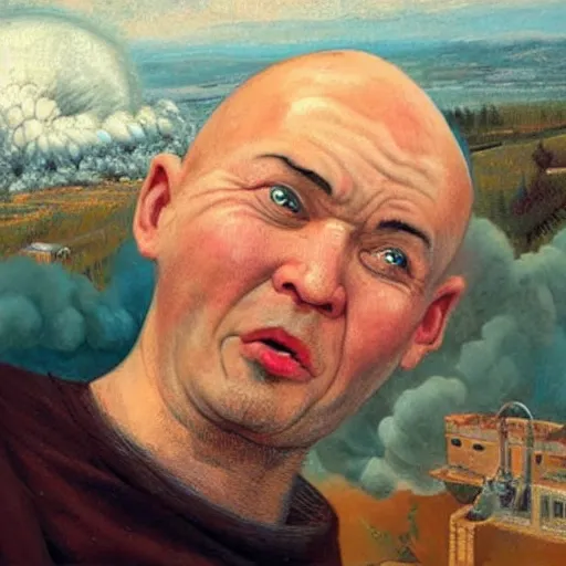 Prompt: selfie, crying bald ukrainian with a forelock against the background of a huge nuclear explosion in the form of the letter z