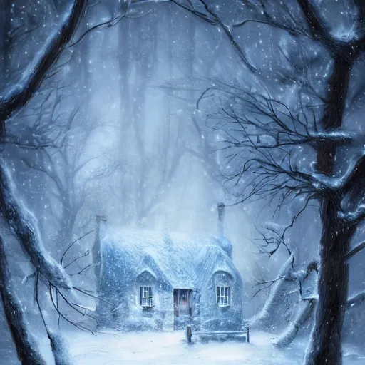 Image similar to snowy landscape with santa's house in night forest, warm light coming from the window and reflects on the snow. digital art, artstation, high details, trending, behance, by wlop, luis royo, artgerm