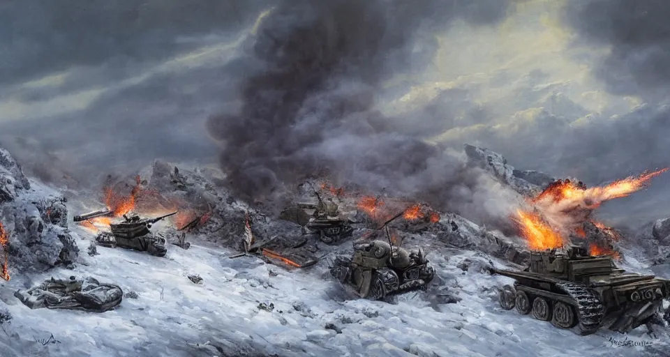 Image similar to second world war aftermath of huge battle on snowy mountain, with anti aircraft guns, with fire and smoke in the background by eugene von guerard, ivan shishkin, dramatic lighting, concept art, trending on artstation, 8 k