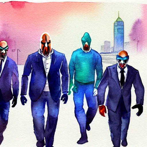 Image similar to A watercolor painting of Dallas from Payday 2, Jerma, JC Denton and Dwayne The Rock Johnson walking down a road. The sun is rising in the back, trending on artstation, very detailed