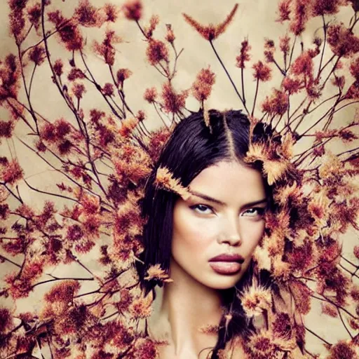 Image similar to fine art photo of adriana lima, she has a crown of dried flowers, by oleg oprisco