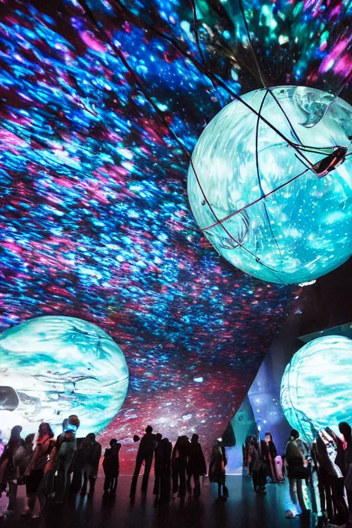 Prompt: public art installation about liquid planet in space. projected on big suspended sphere inside big and dark venue. interactive art by sila sveta