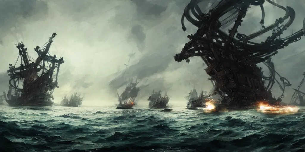 Image similar to A medieval ship flotilla is getting destroyed by a giant kraken monster at sea. In style of Yoji Shinkawa and Hyung-tae Kim, trending on ArtStation, Greg Rutkowski, dark fantasy, great composition, concept art, highly detailed, scenery.