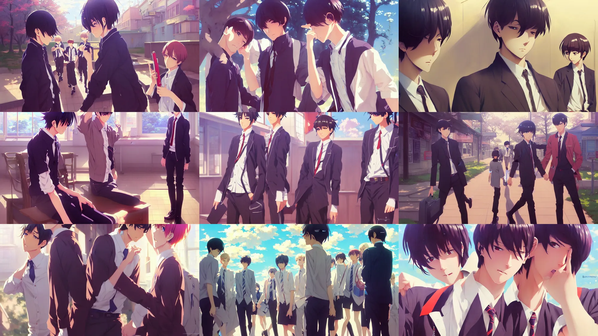 Prompt: boy's love anime high school noon scene, high detail concept art, perfect proportions fine face, tall handsome guys, romantic undertones, avant designer uniform, vivid colors, realistic shaded lighting poster fantasy art ilya kuvshinov, sakimi, jeremy lipking and michael germash, makoto shinkai, loish and clamp style, best selling artist