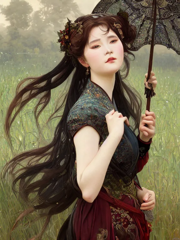 Image similar to portrait of a beautiful seductive slightly plump european girl wearing hanfu, farm background, fantasy, d & d, dark eyeliner, intricate, elegant, highly detailed, digital painting, artstation, concept art, matte, sharp focus, illustration, art by greg rutkowski and alphonse mucha