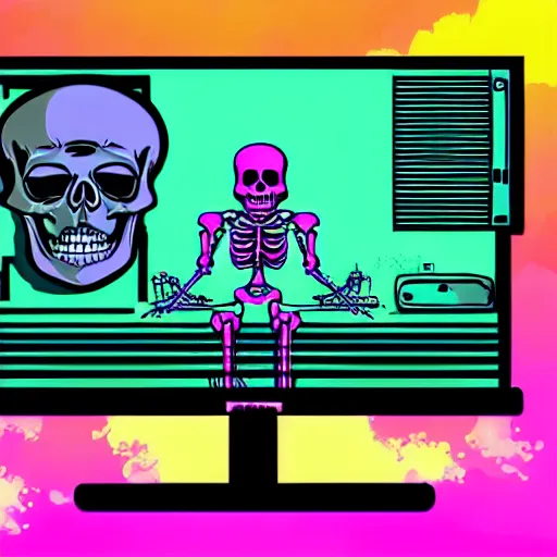 Image similar to a skeleton playing video games, it is visibly angry at the tv, detailed, outrun, synthwave, vaporwave, complimenting color scheme